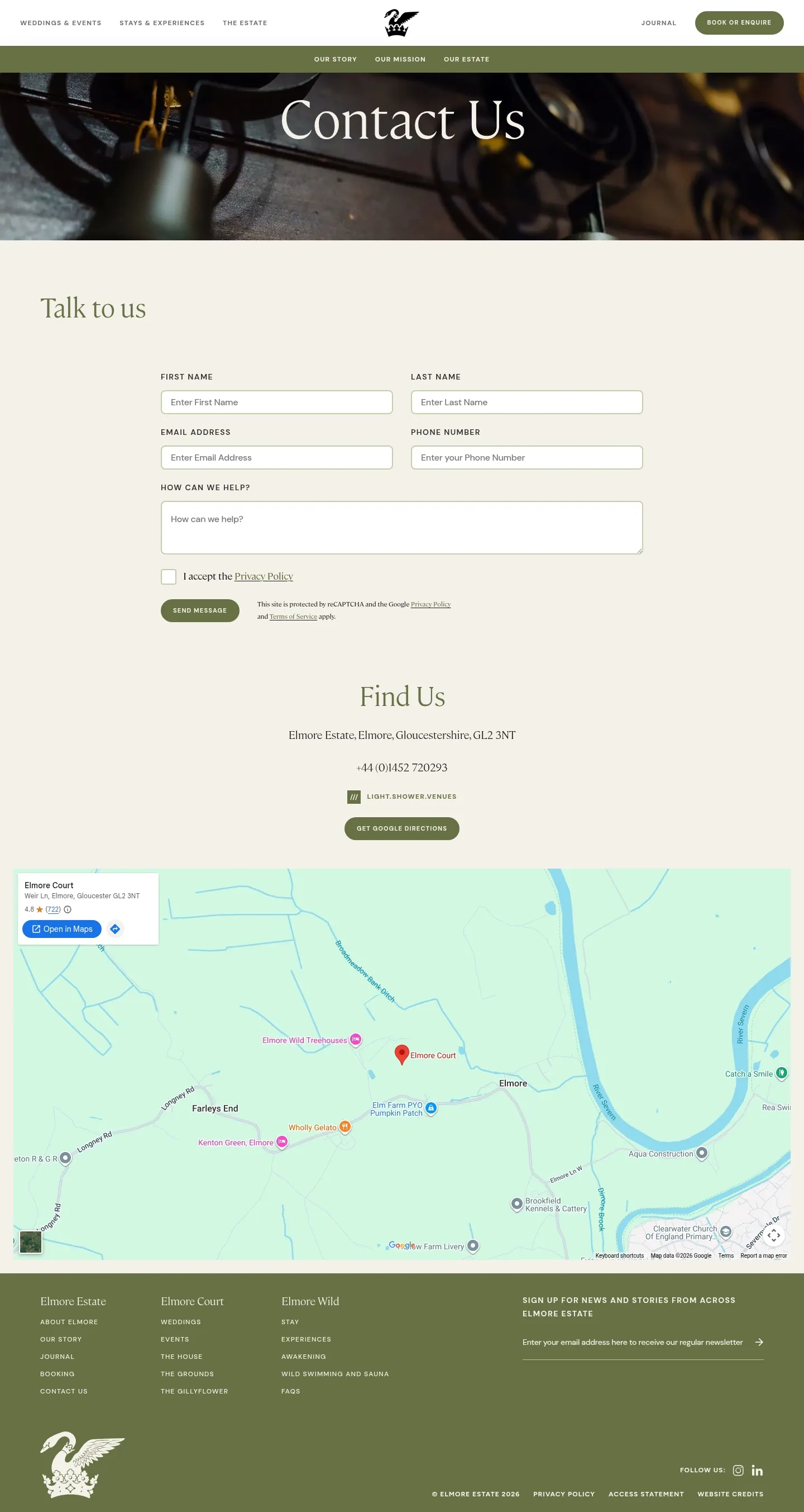 Screenshot of Elmore Court at desktop width
