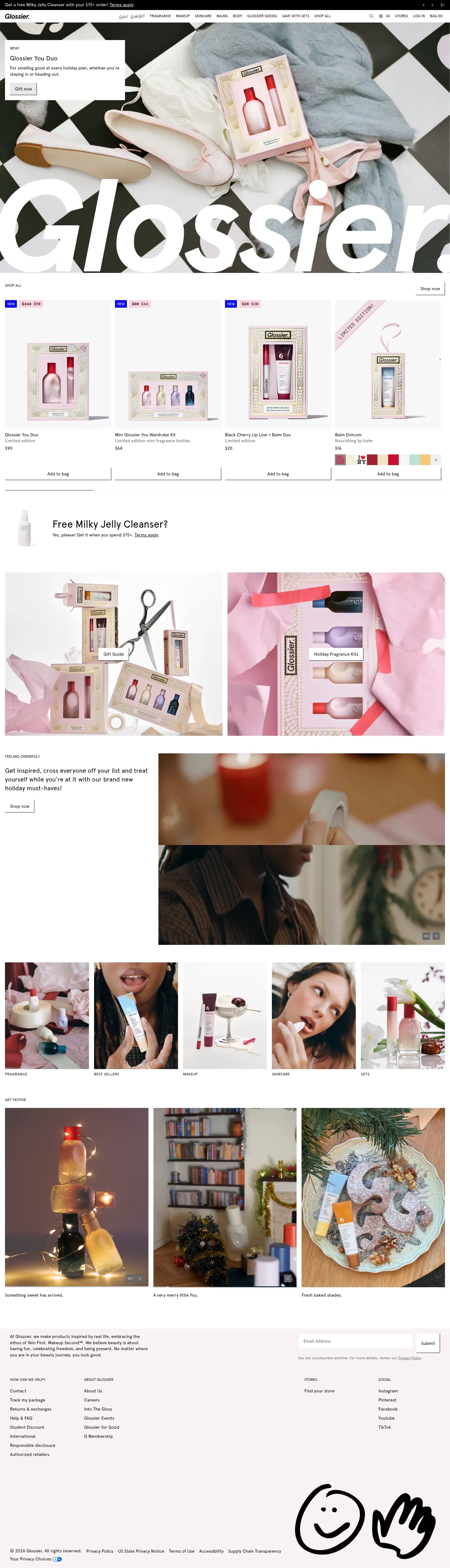 Screenshot of Glossier at desktop width