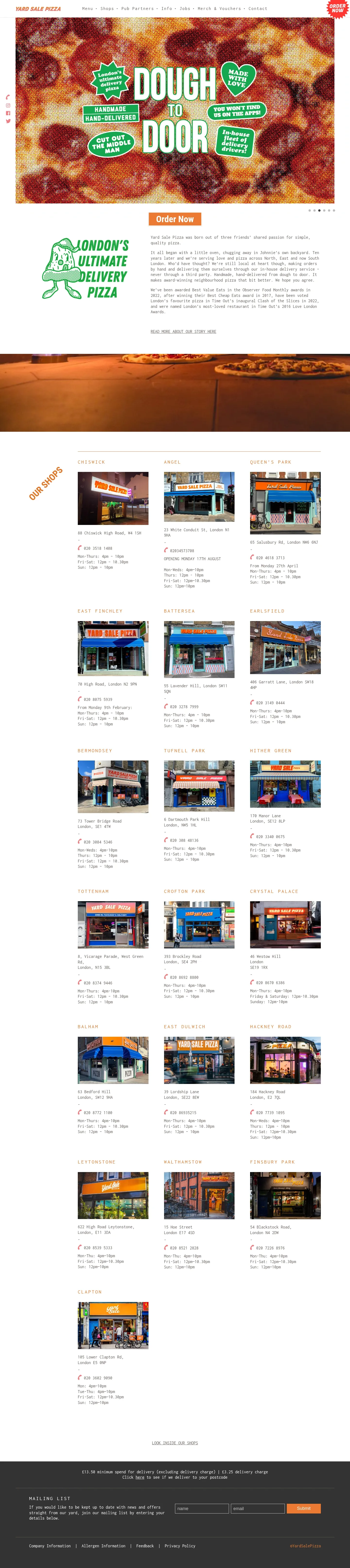 Screenshot of Yard Sale Pizza at desktop width