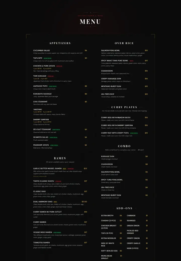 Menu on Akatora Ramen & More