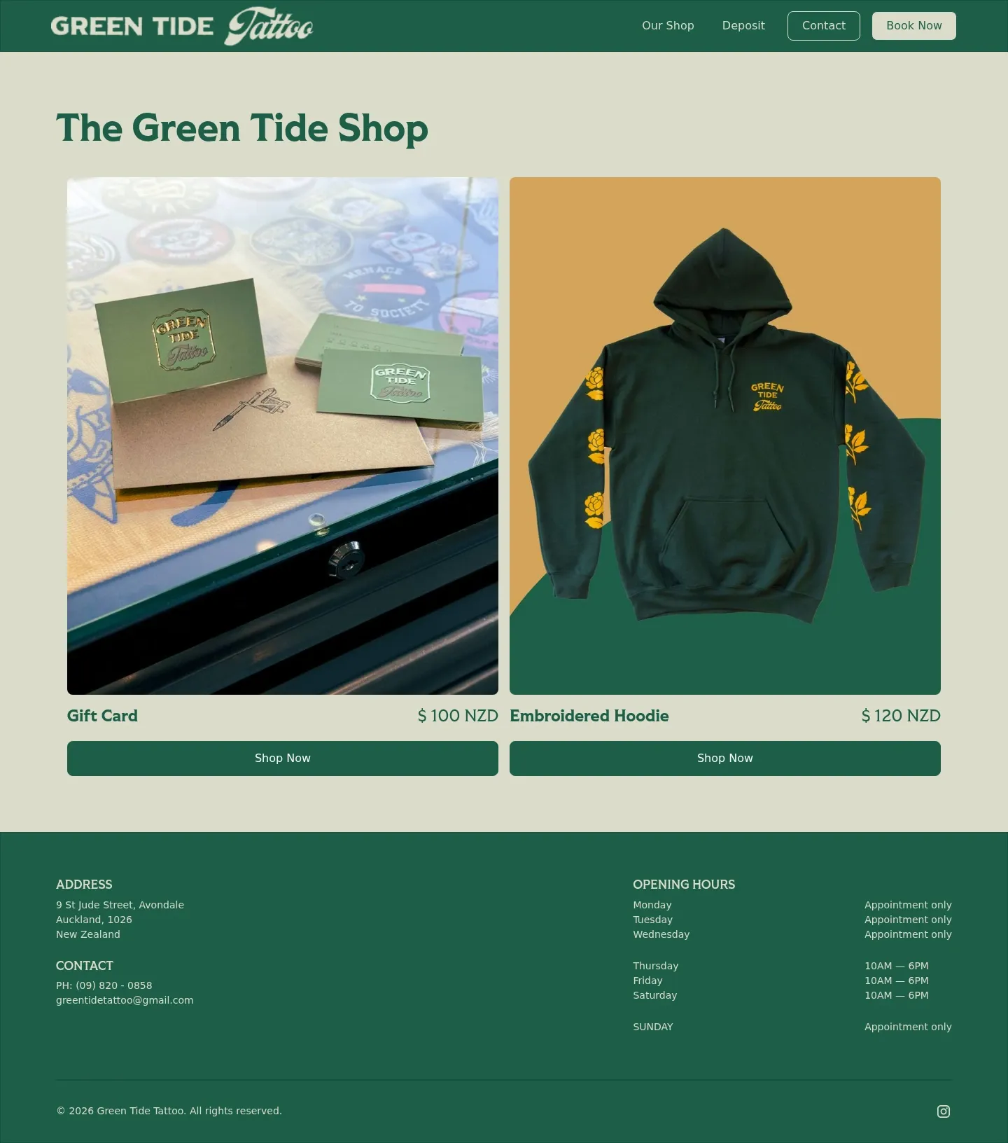 Screenshot of Green Tide Tattoo at desktop width