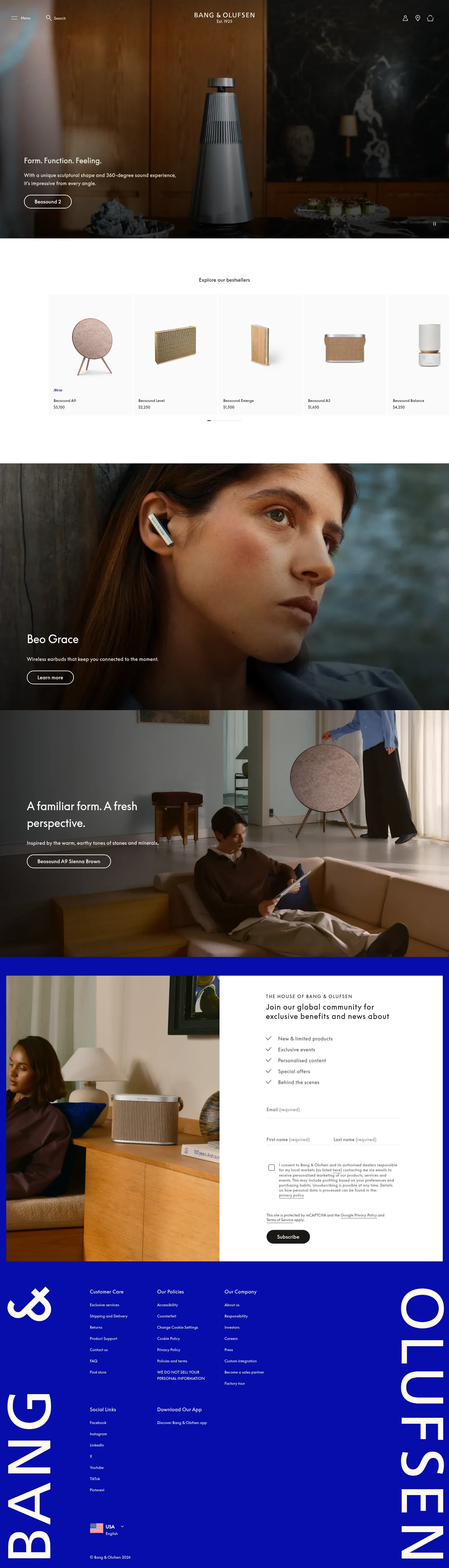 Screenshot of Bang & Olufsen at desktop width