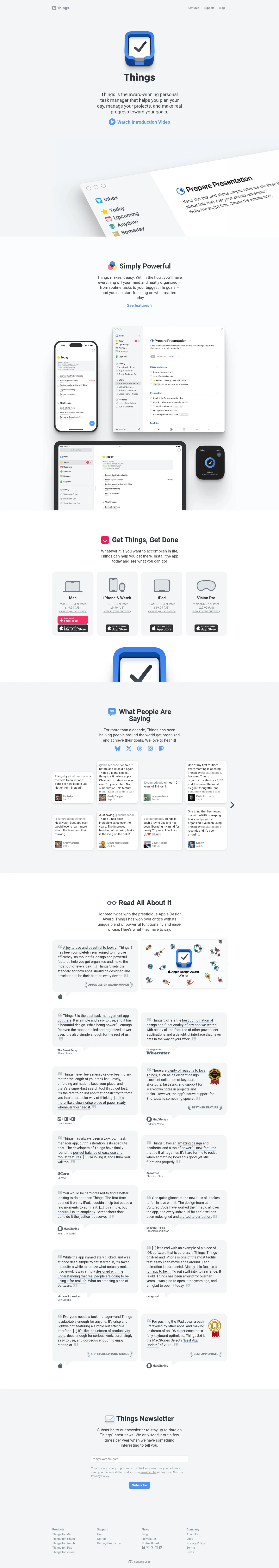 Screenshot of Things at desktop width