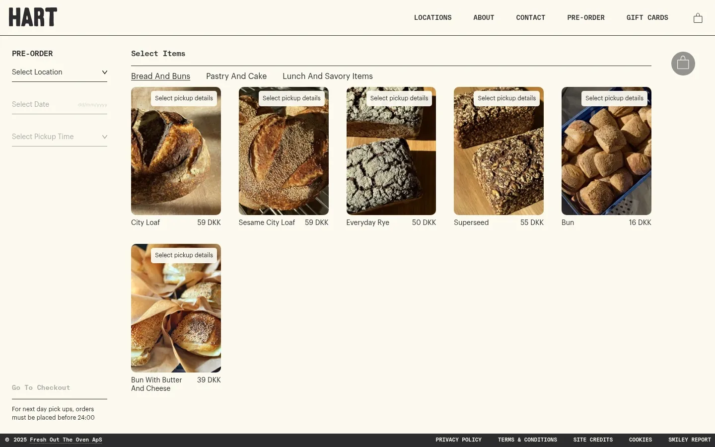 Screenshot of Hart Bageri at desktop width
