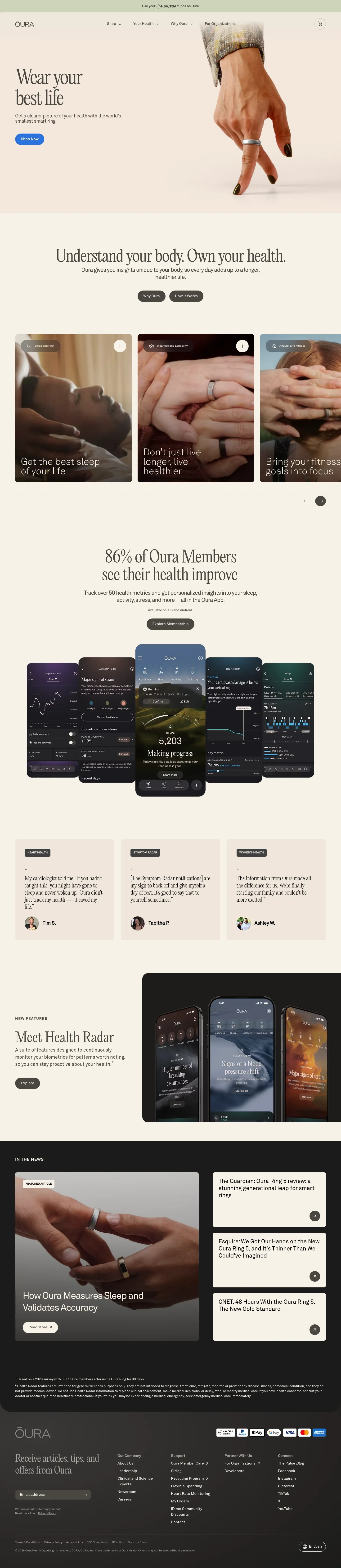Screenshot of Oura at desktop width