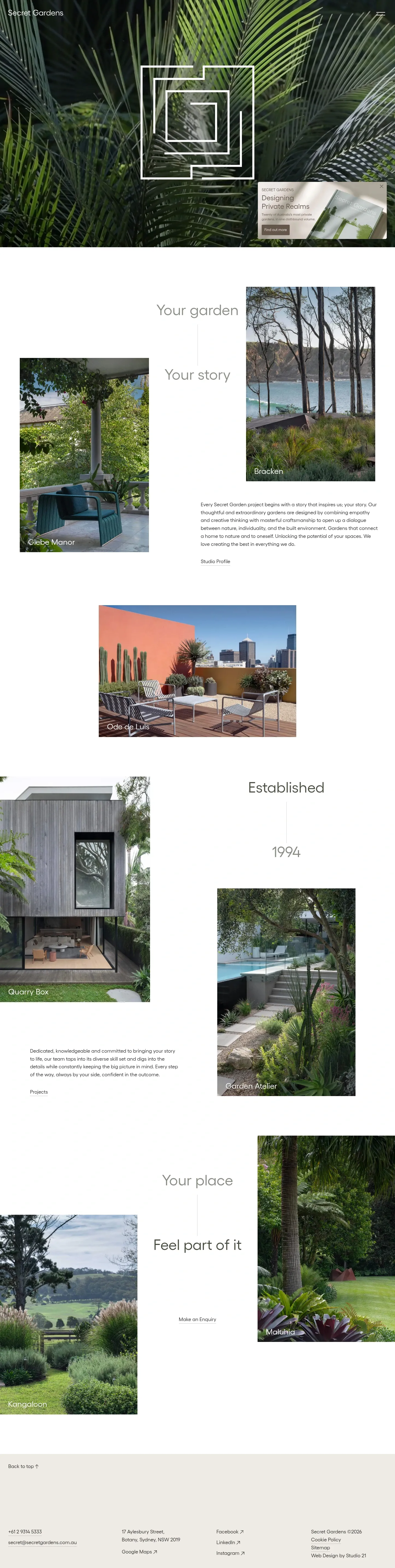 Screenshot of Secret Gardens at desktop width