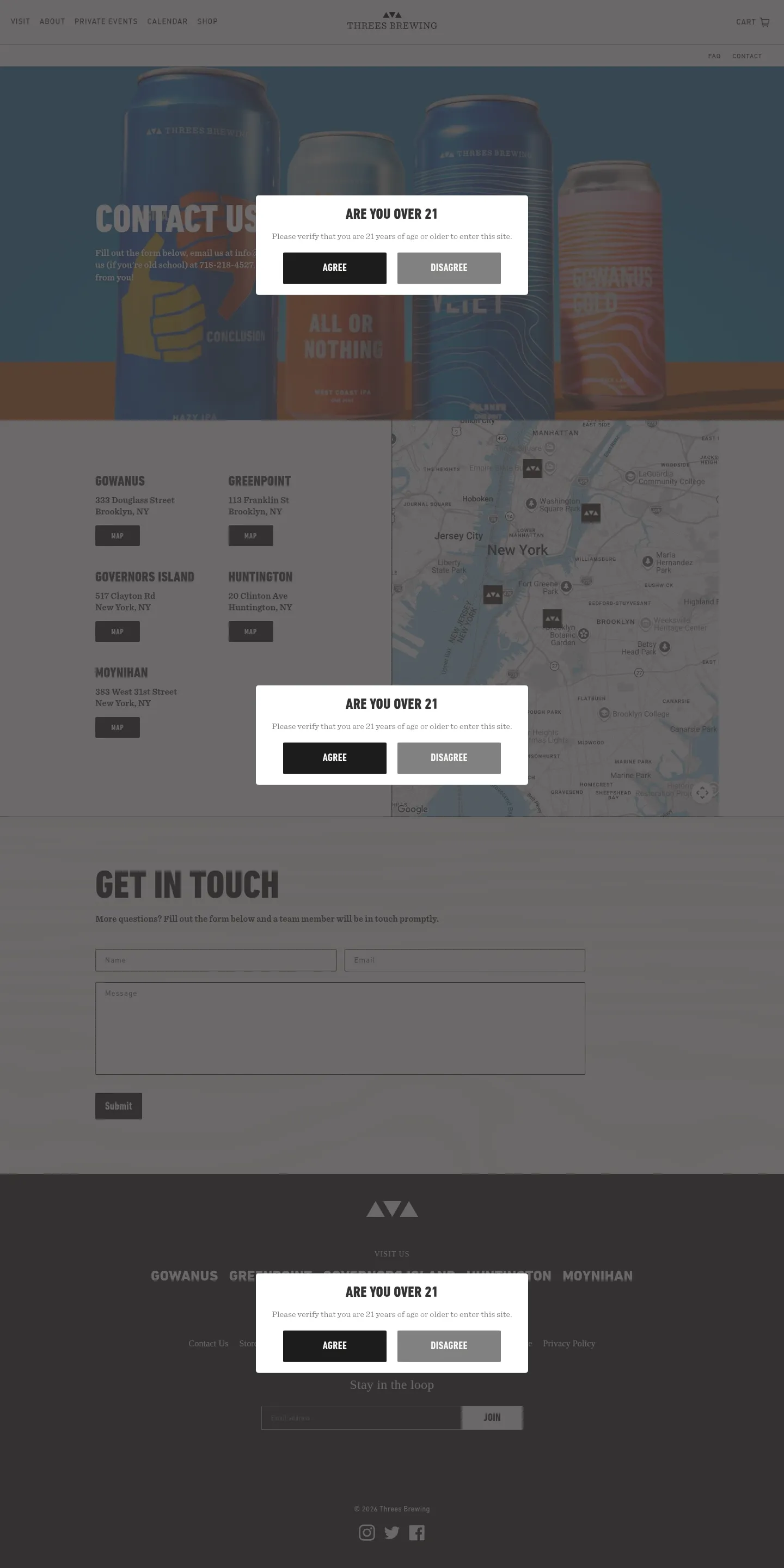 Screenshot of Threes Brewing at desktop width