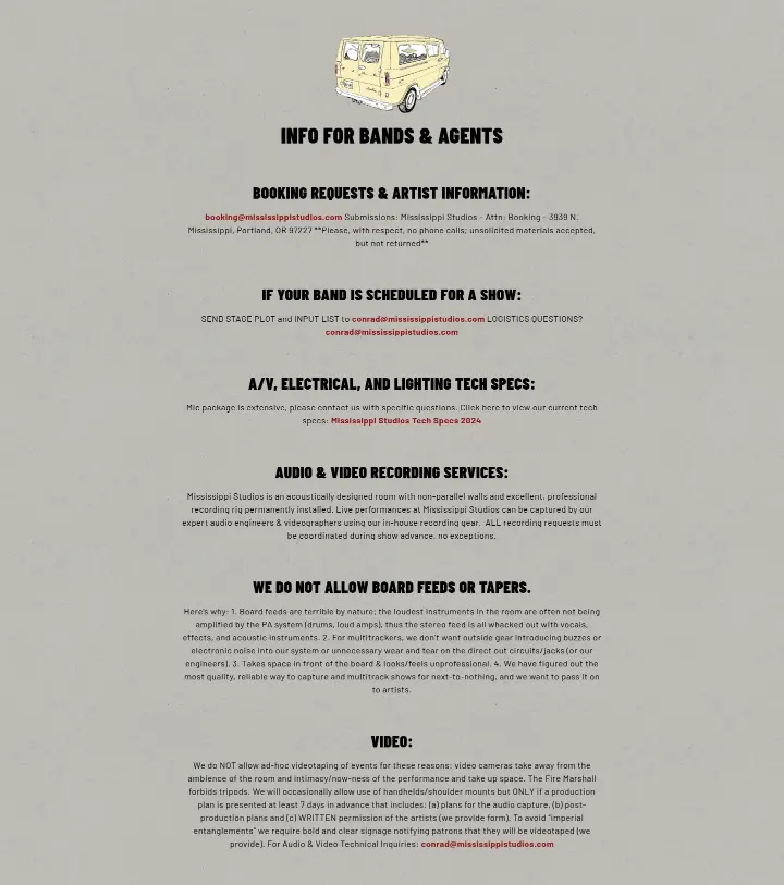 Info for bands & agents on Mississippi Studios