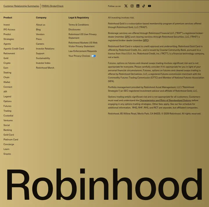 Footer on Robinhood