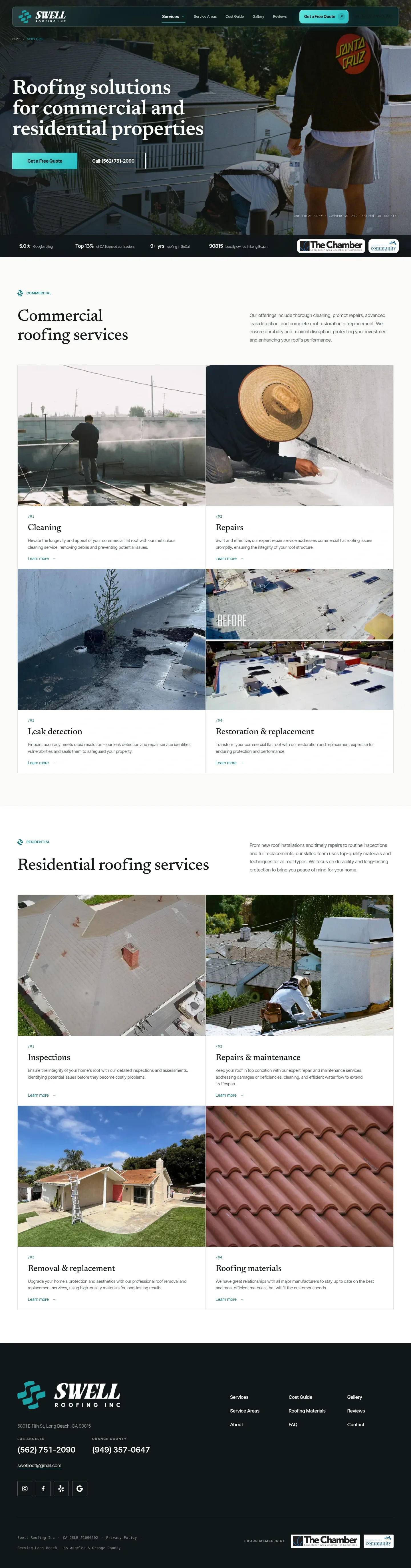 Screenshot of Swell Roofing at desktop width