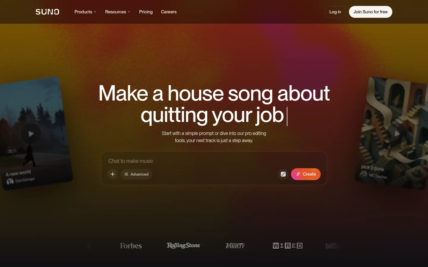 Screenshot of Suno at desktop width