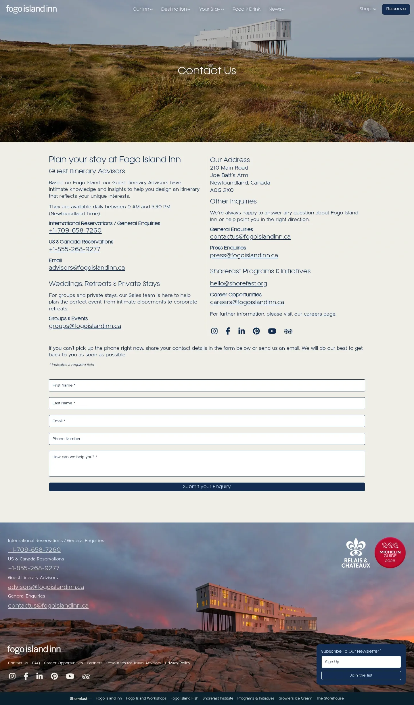 Screenshot of Fogo Island Inn at desktop width