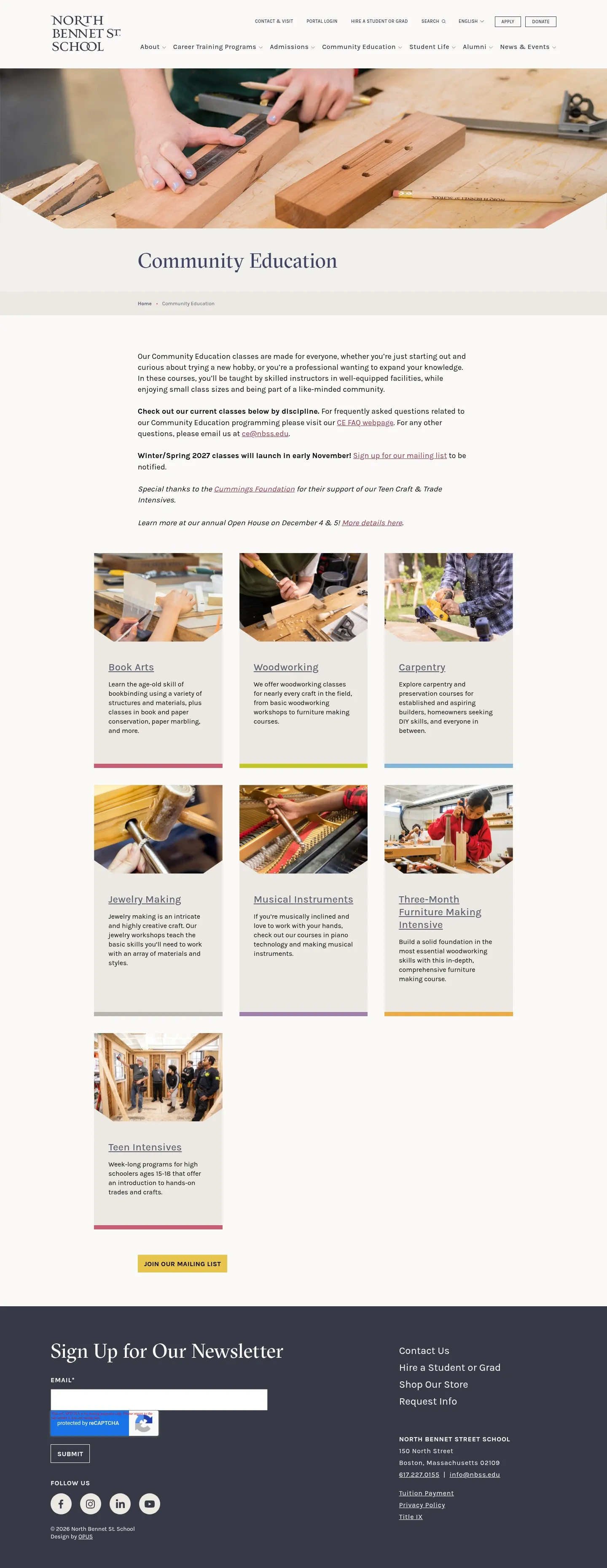 Screenshot of North Bennet Street School at desktop width