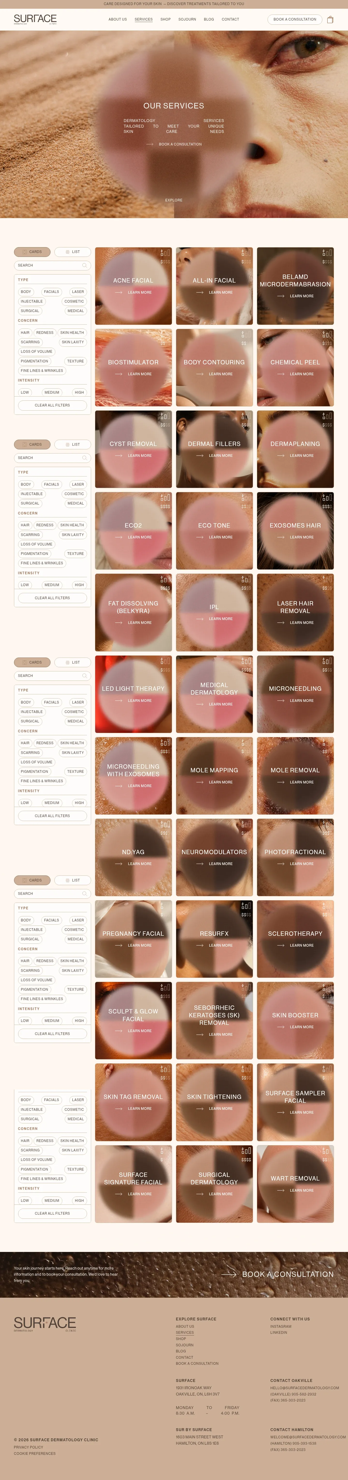 Screenshot of Surface Dermatology Clinic at desktop width