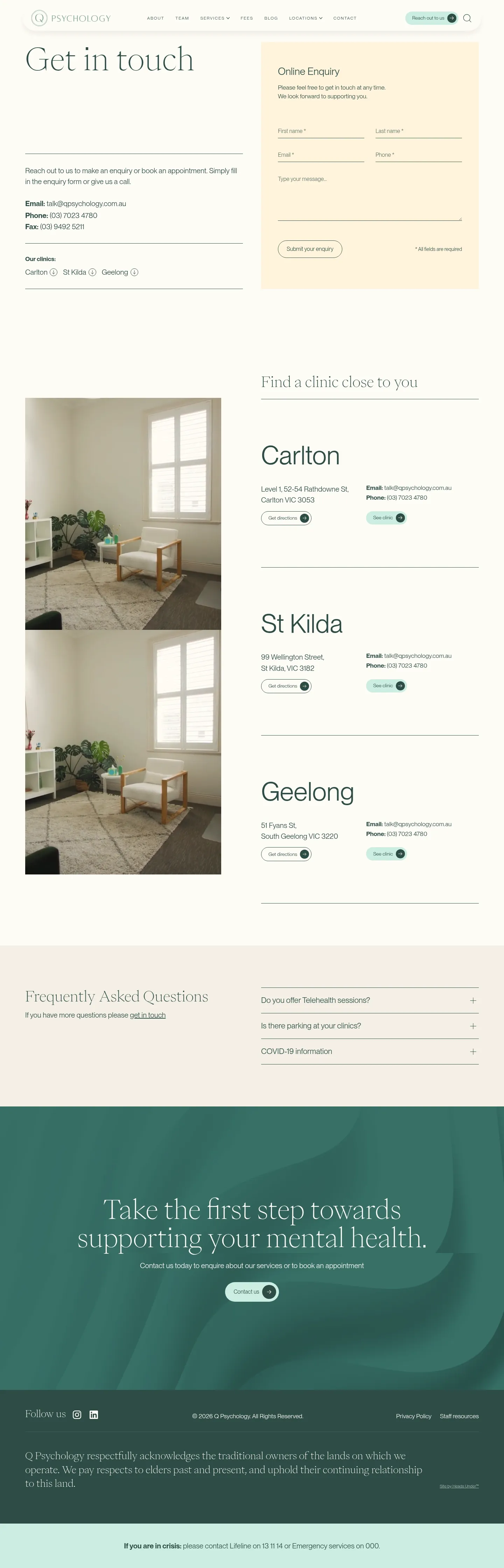 Screenshot of Q Psychology at desktop width