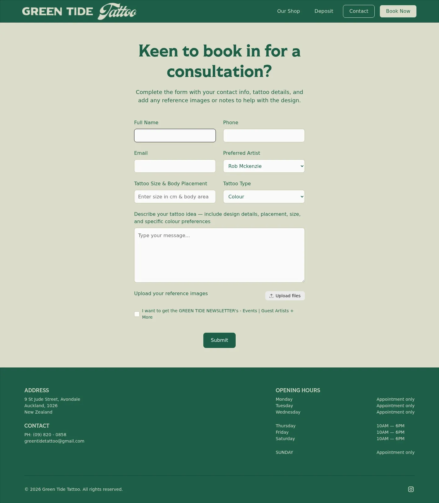 Screenshot of Green Tide Tattoo at desktop width