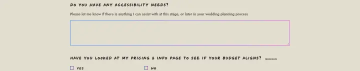 Do you have any accessibility needs? on Kim Williams Weddings
