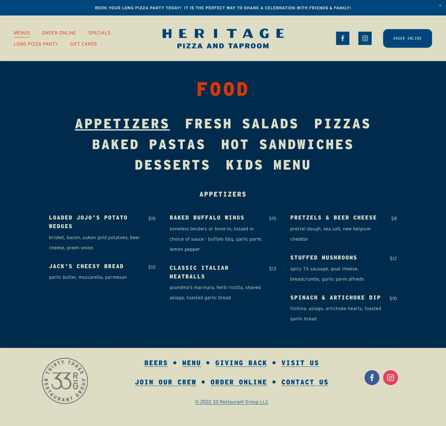 Screenshot of Heritage Pizza & Taproom at desktop width