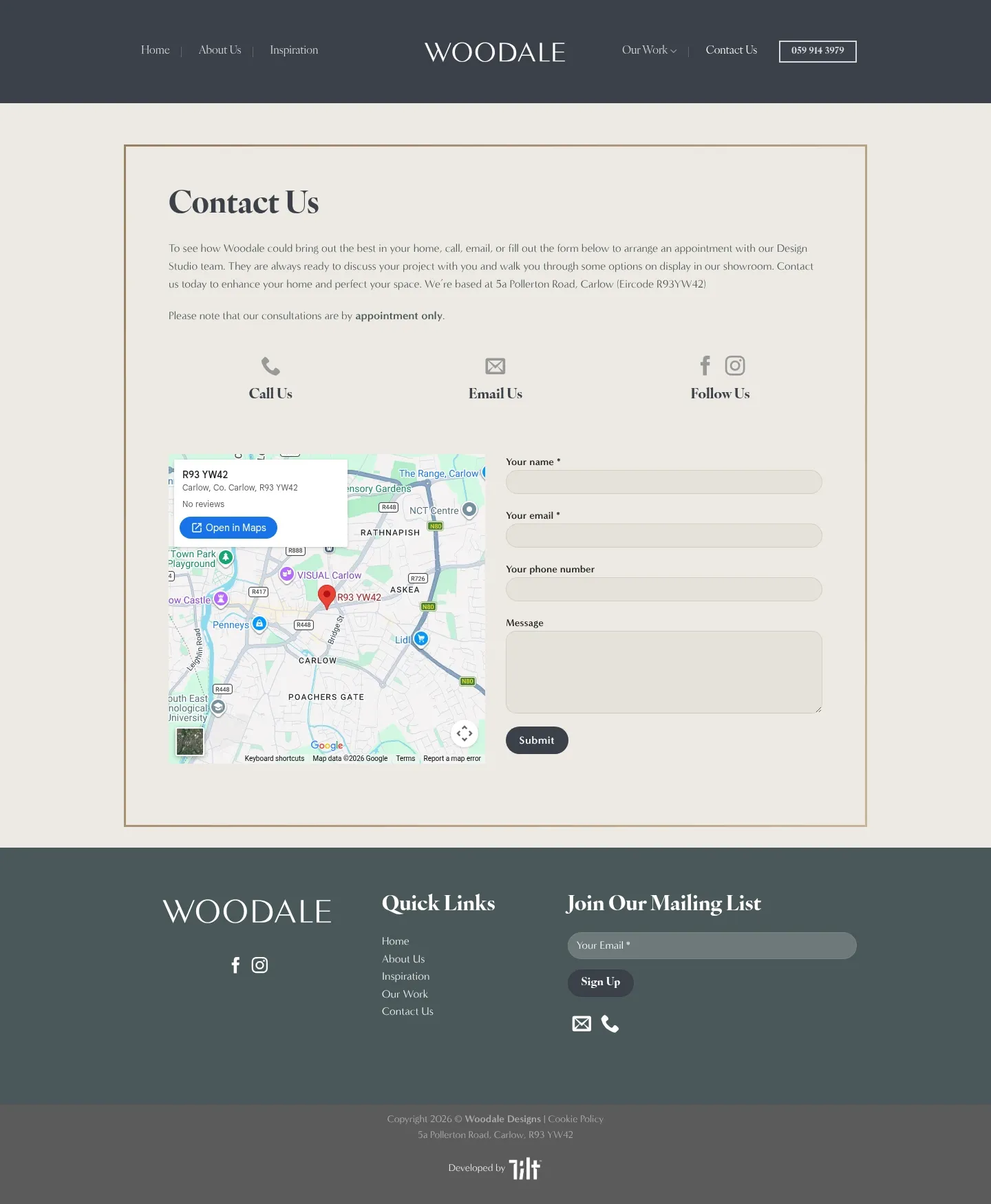 Screenshot of Woodale Designs at desktop width