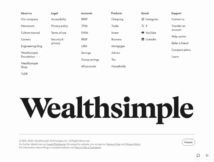 Footer on Wealthsimple