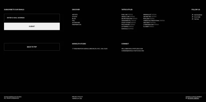 Footer on Monolith Studio