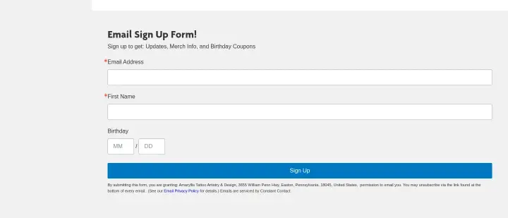 Email Sign Up Form on Amaryllis Tattoo Artistry & Design