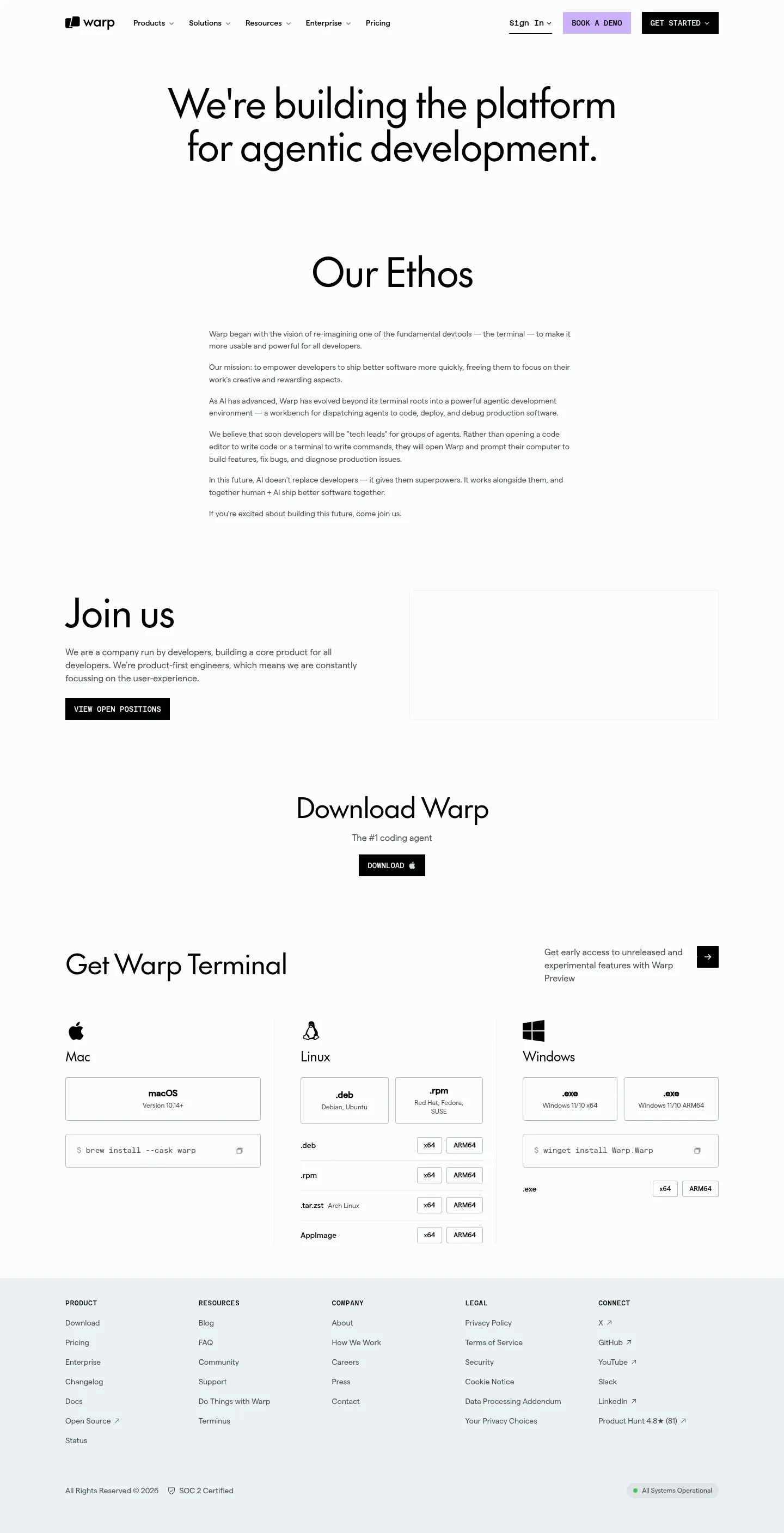 Screenshot of Warp at desktop width