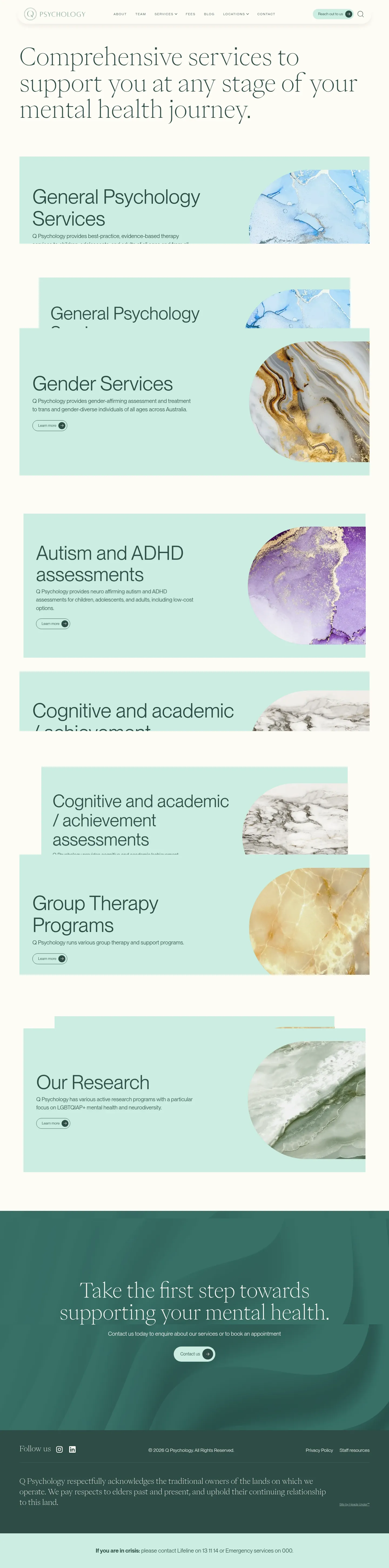 Screenshot of Q Psychology at desktop width