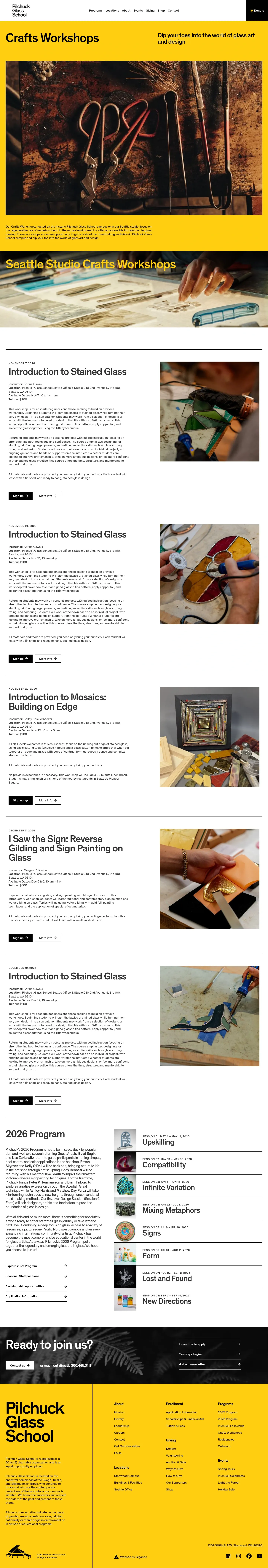 Screenshot of Pilchuck Glass School at desktop width