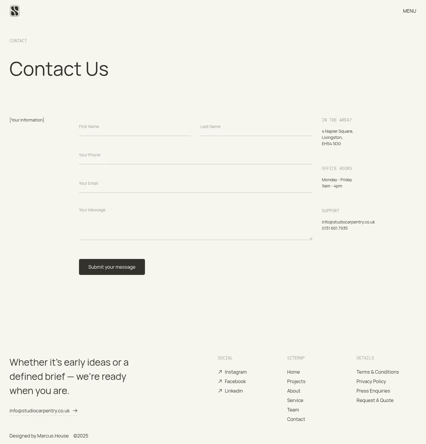 Screenshot of Studio Carpentry at desktop width