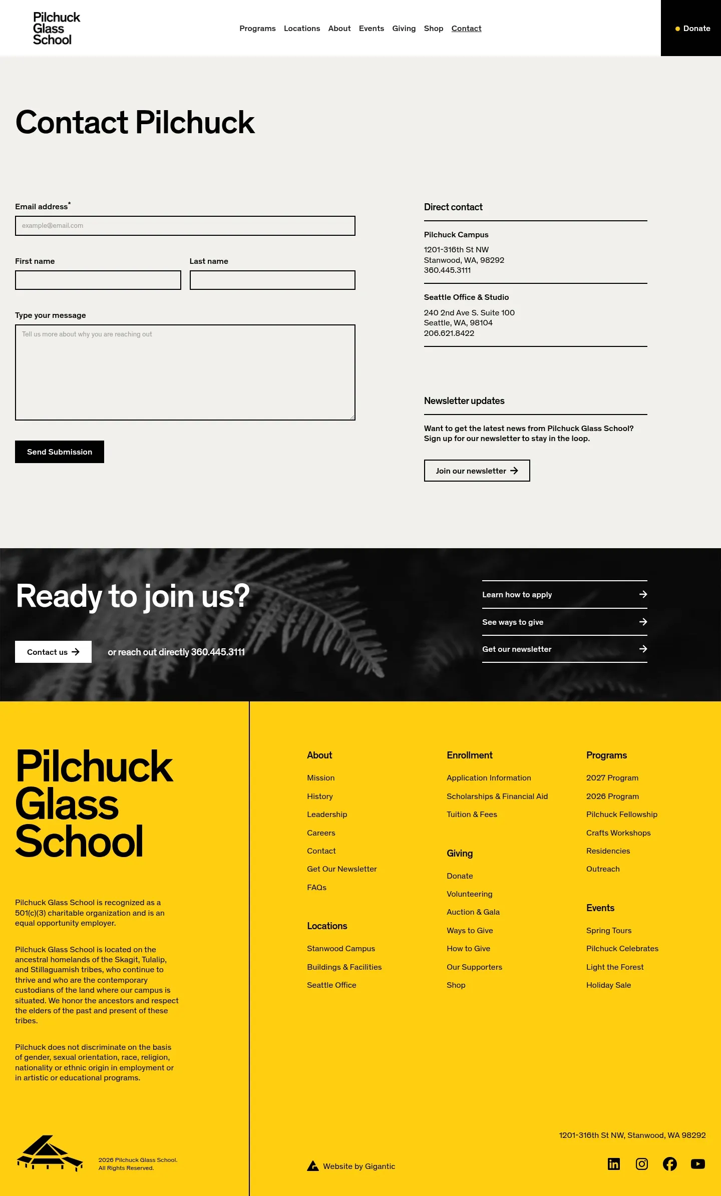 Screenshot of Pilchuck Glass School at desktop width