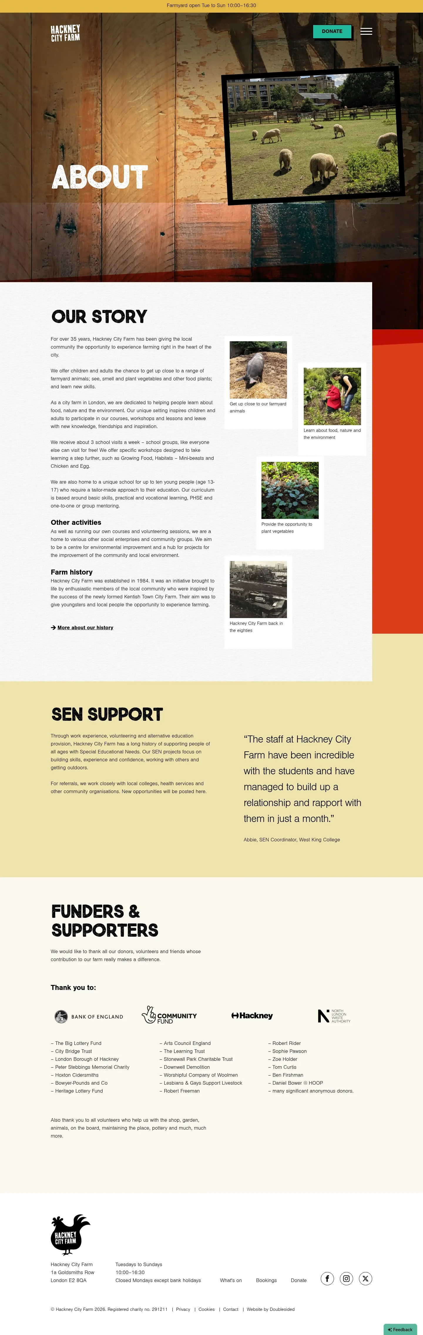 Screenshot of Hackney City Farm at desktop width