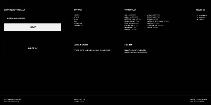 Footer on Monolith Studio