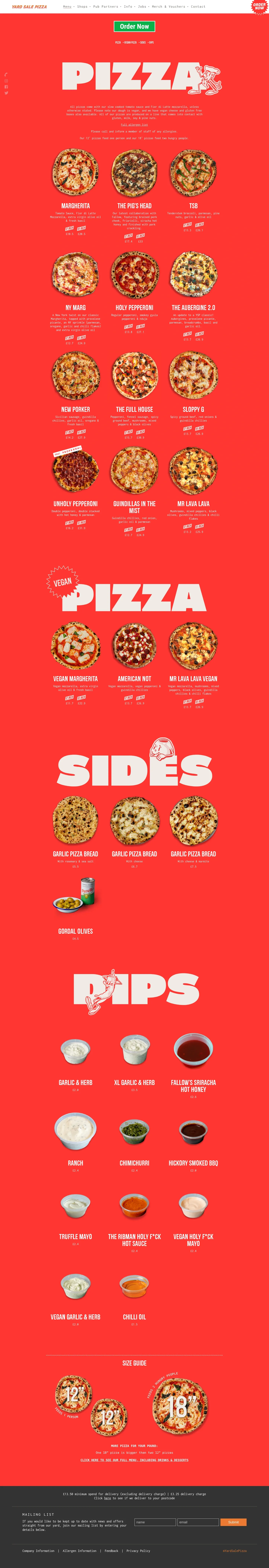 Screenshot of Yard Sale Pizza at desktop width