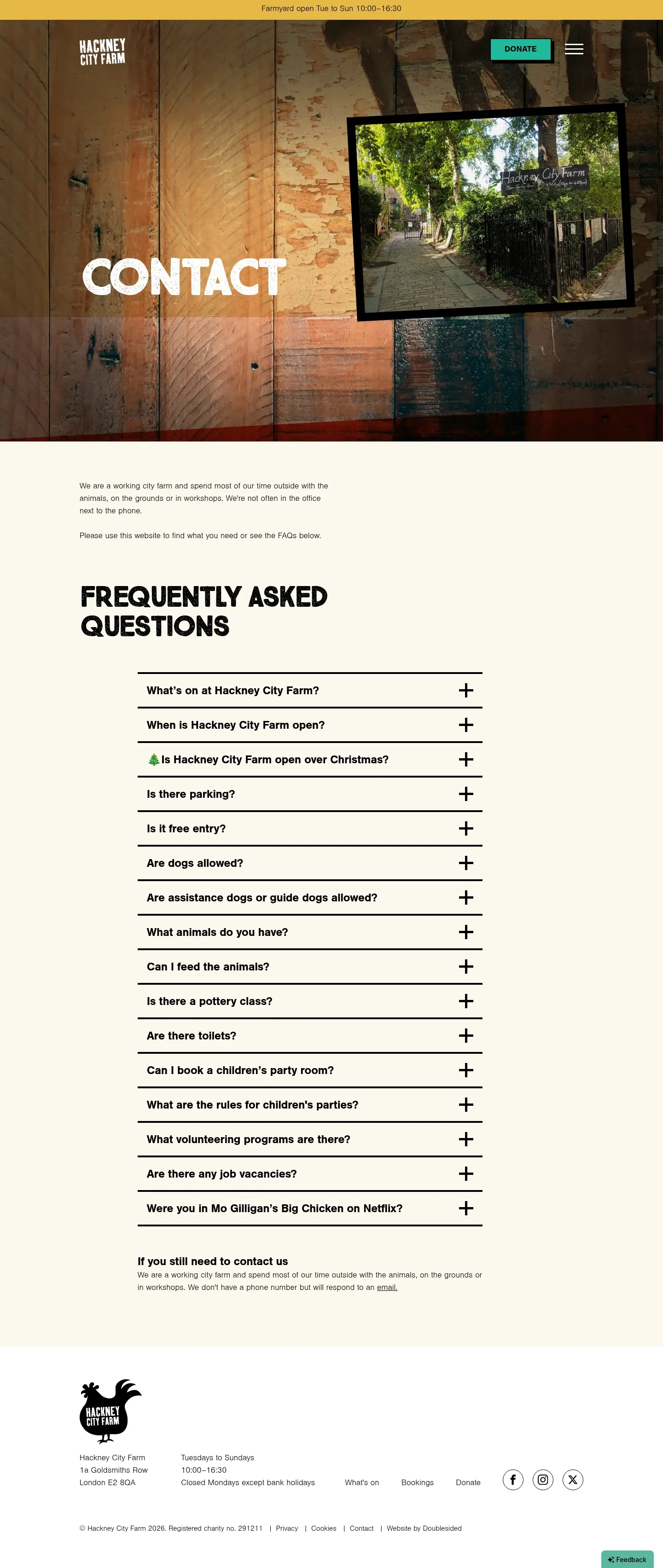Screenshot of Hackney City Farm at desktop width