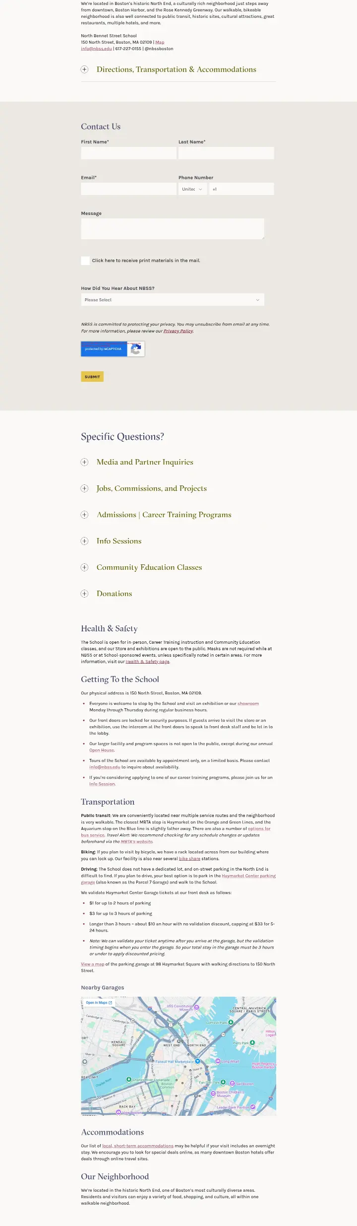 Directions, Transportation & Accommodations on North Bennet Street School