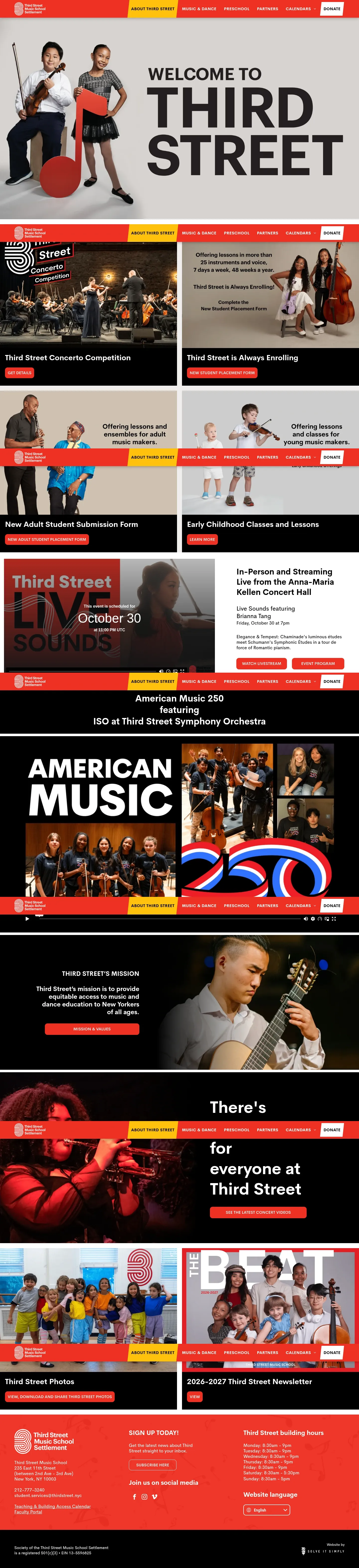 Screenshot of Third Street Music School Settlement at desktop width