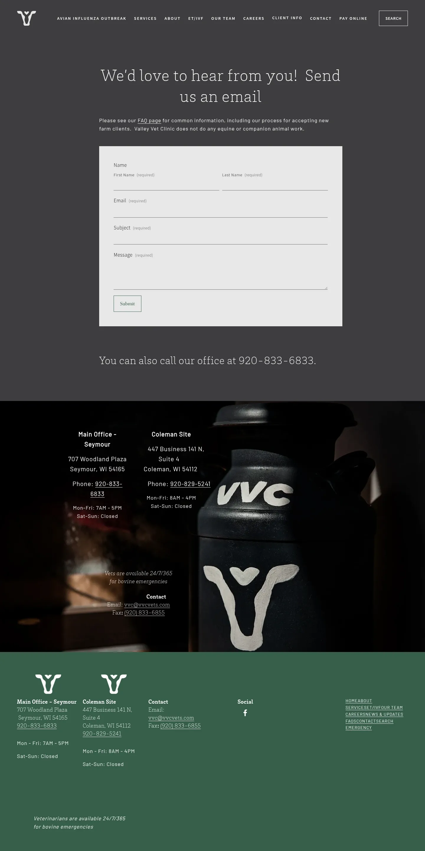 Screenshot of Valley Veterinary Clinic at desktop width