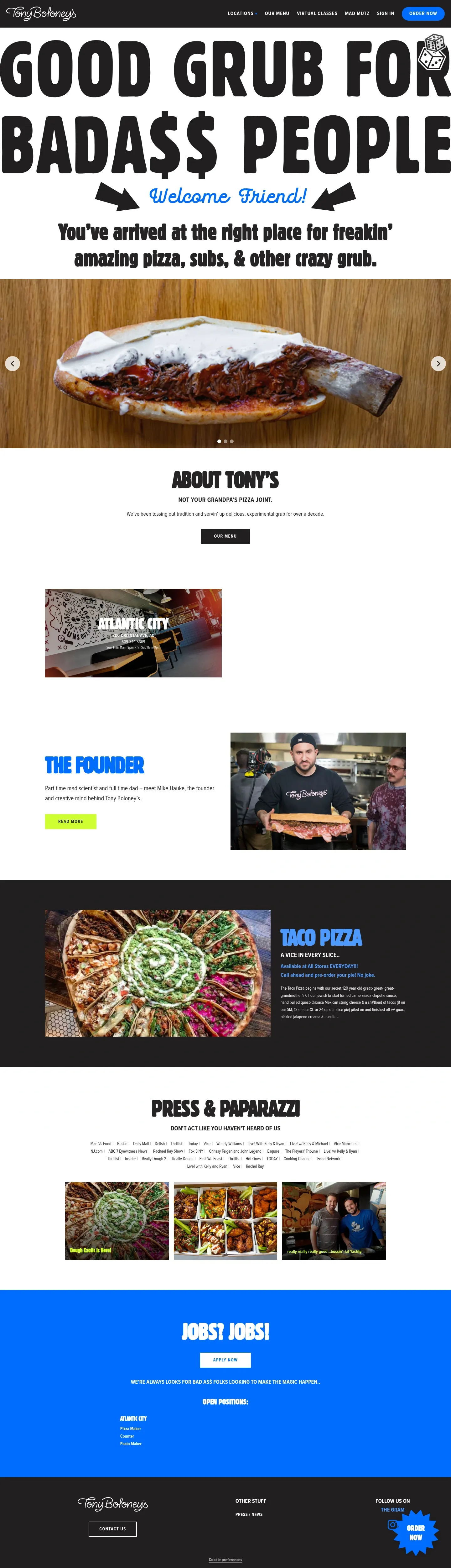 Screenshot of Tony Boloney's at desktop width