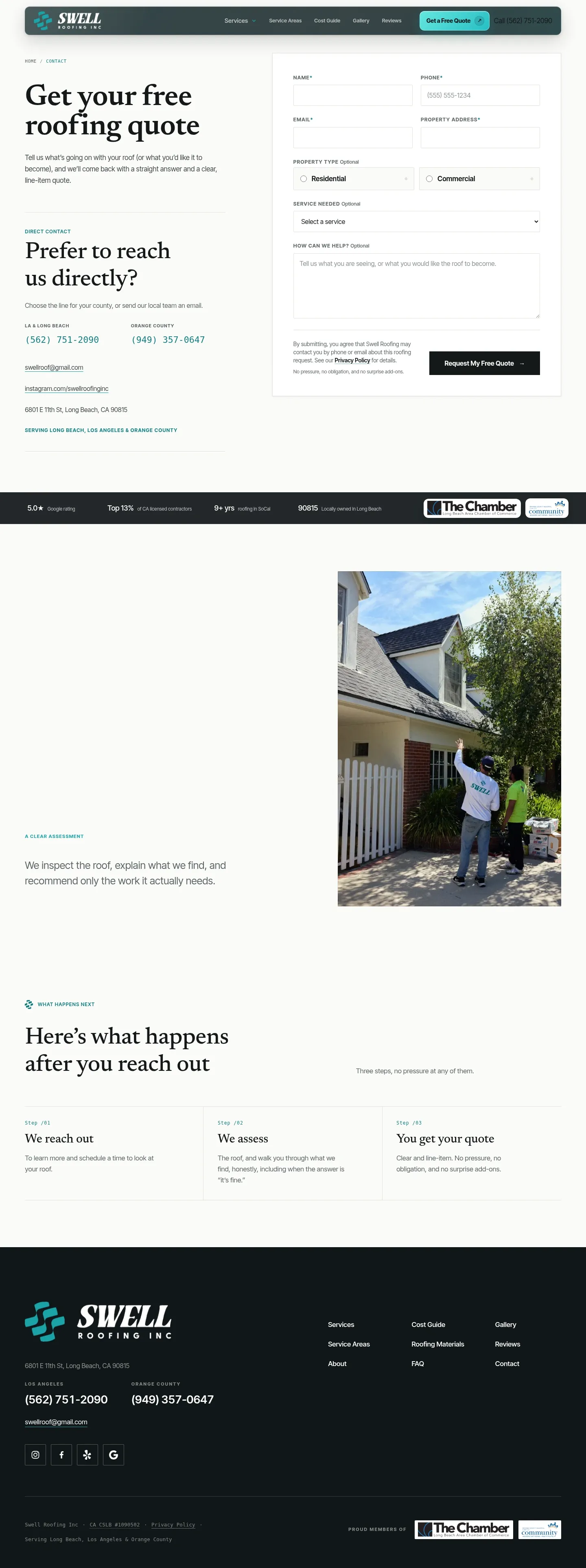 Screenshot of Swell Roofing at desktop width